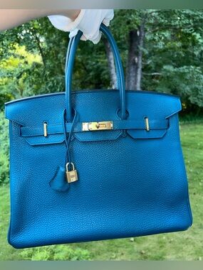 HERMES Birkin 35 Bleu Izmir Togo Leather Gold Hardware Handbag